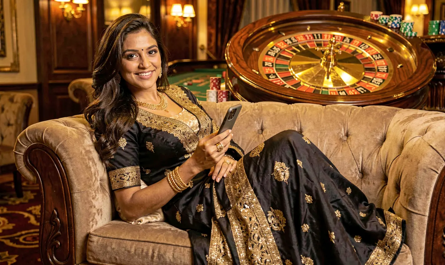 Confident Bangladeshi player using the 84OK casino app on her phone with a glowing roulette wheel and casino chips in the background