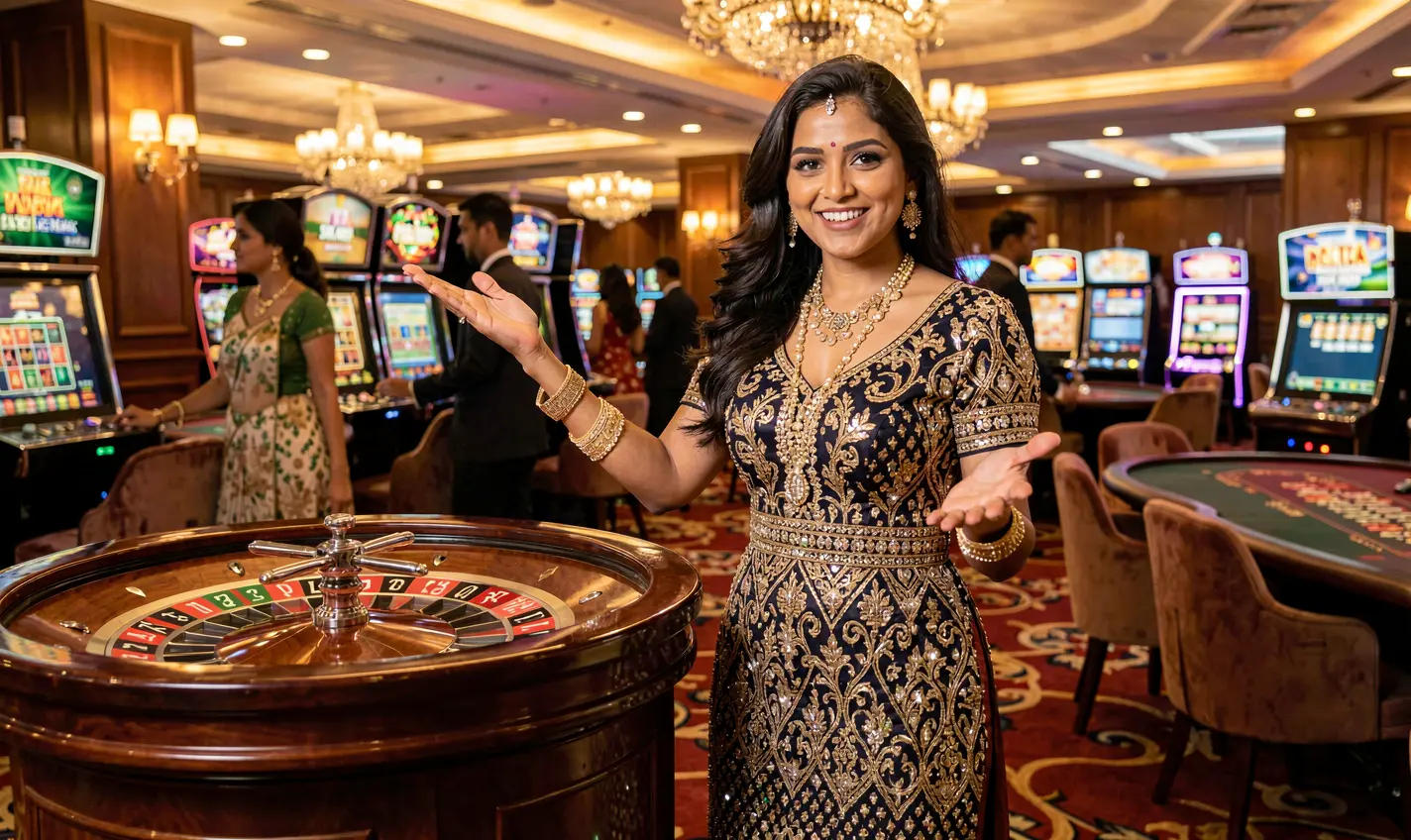 Elegant live casino dealer in a sparkling dress beside a roulette table highlighting the premium live gaming atmosphere at 84OK for Bangladeshi players