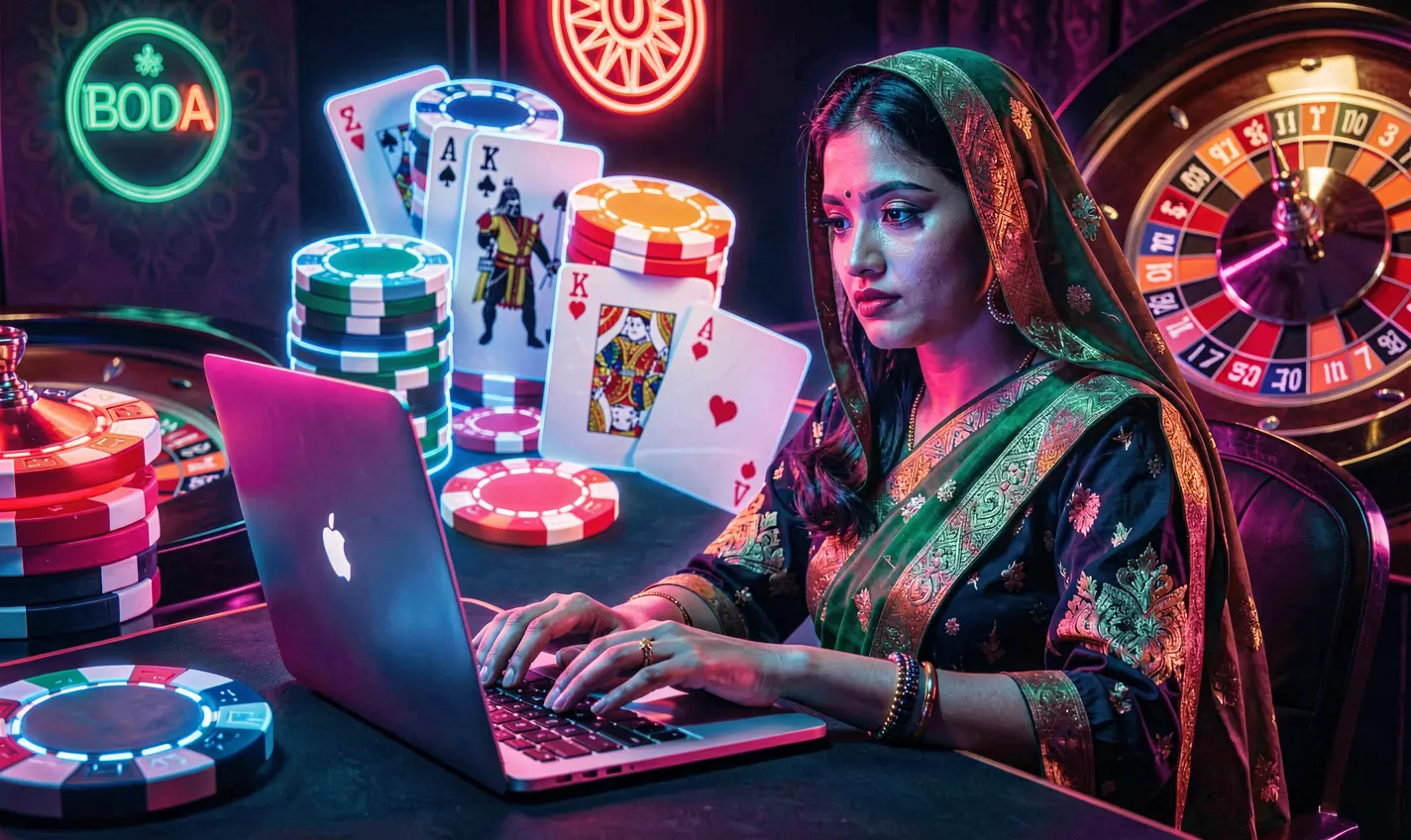 Focused female player enjoying colorful online casino games on a laptop with glowing chips and roulette visuals at 84OK in Bangladesh