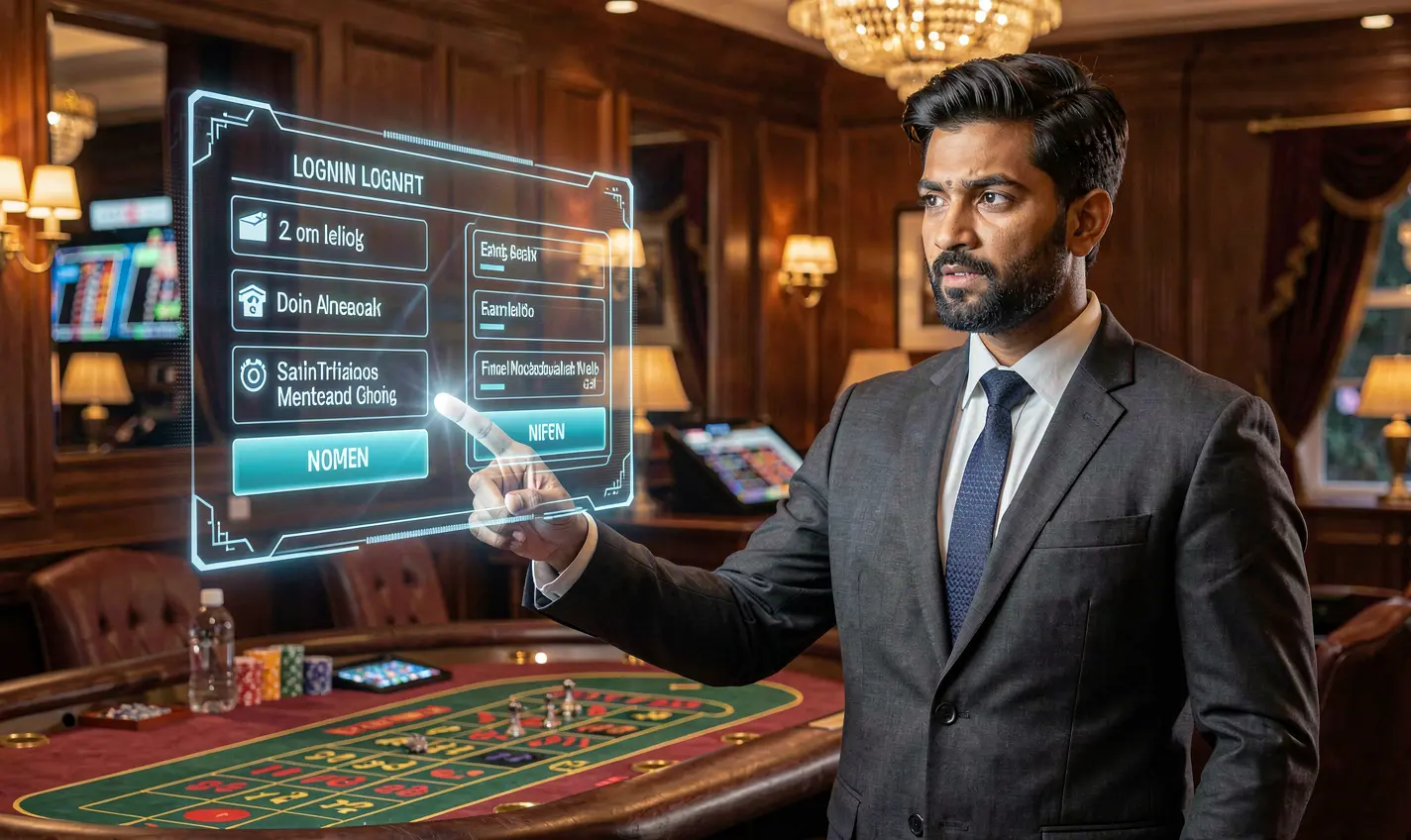 Professional Bangladeshi live casino dealer pointing toward a holographic 84OK login panel floating above a glowing roulette table