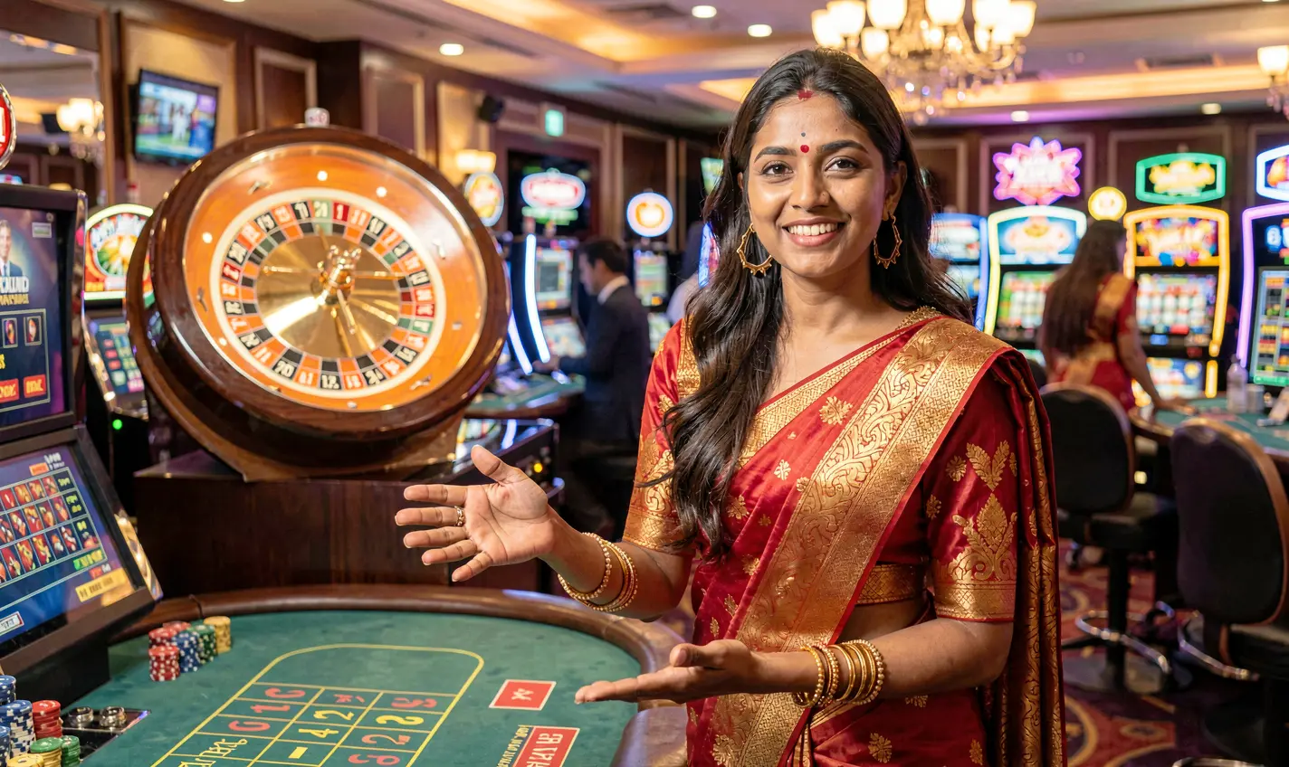 Elegant live casino dealer in a red uniform presenting a roulette table inside a stylish 84OK casino environment for players in Bangladesh