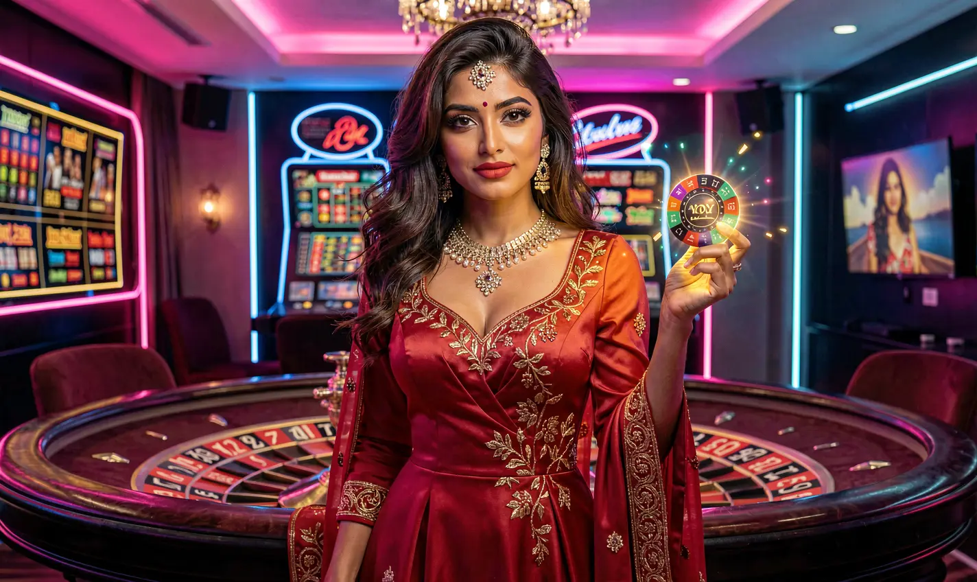 Elegant casino atmosphere with a glamorous woman in a red dress holding chips near a roulette table showcasing the premium gaming experience at 84OK for players in Bangladesh