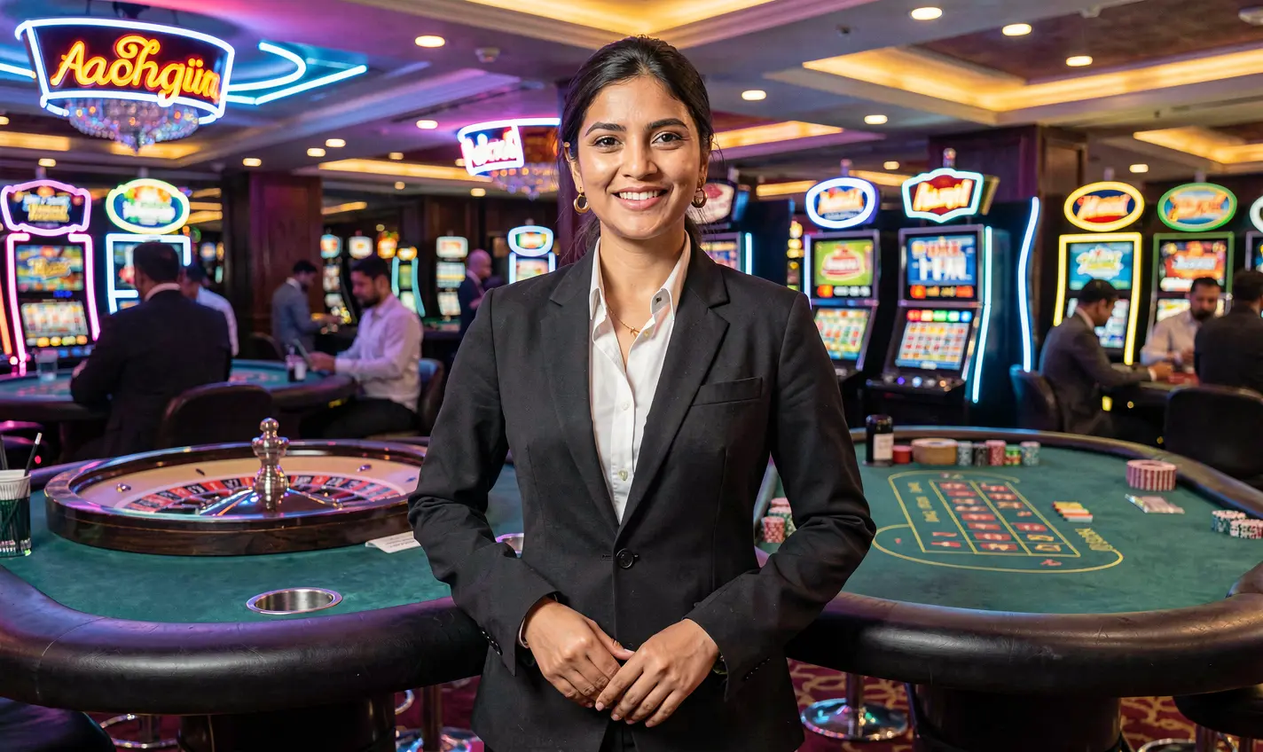 Elegant casino hostess standing in a modern live gaming studio with vibrant neon lighting and premium decor showcasing the immersive live casino environment of 84OK for players in Bangladesh
